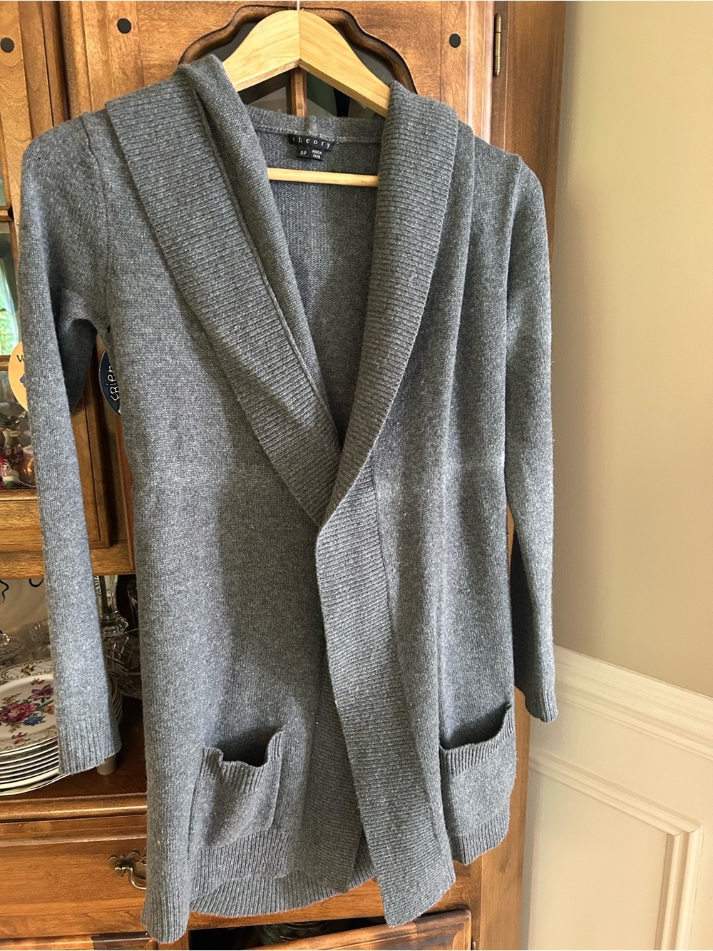 Theory Gray/Green Open Front Knit Cardigan